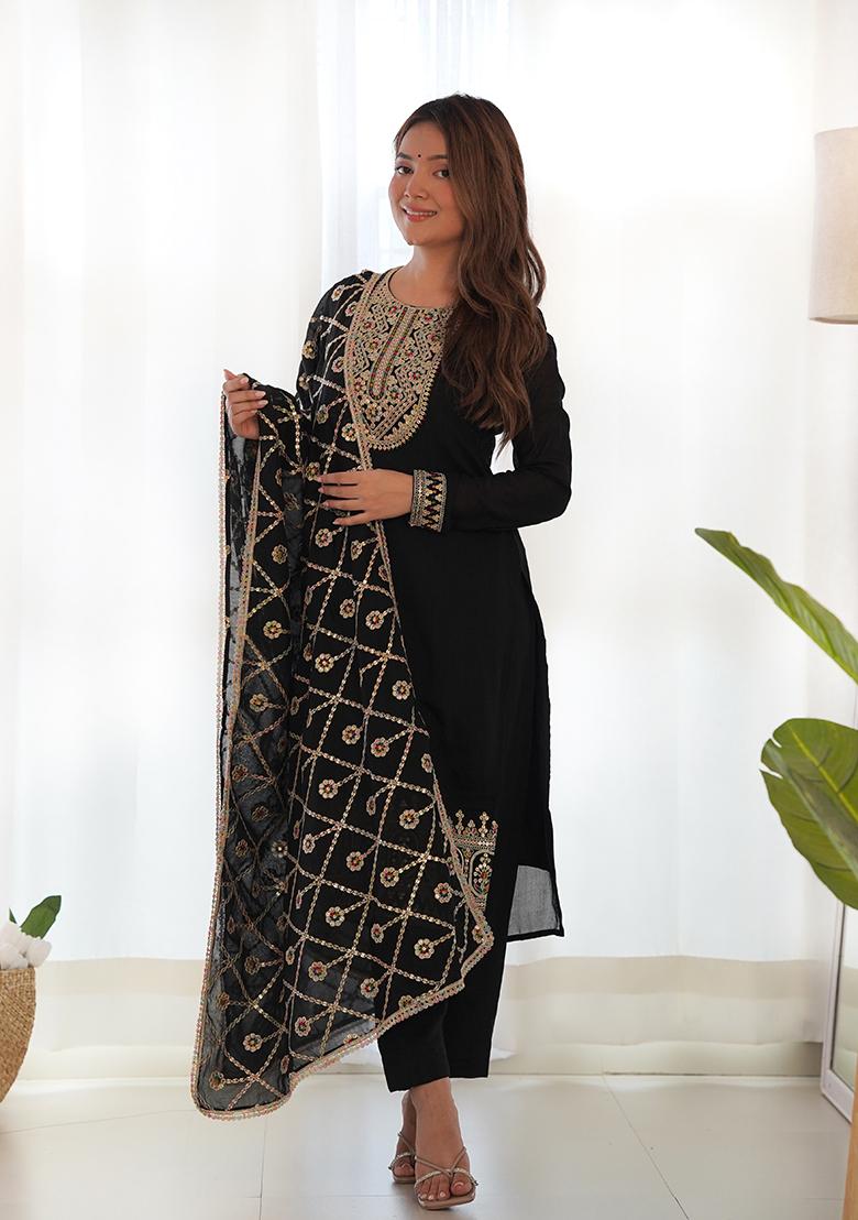 Black Embroidered Silk Kurta Set
