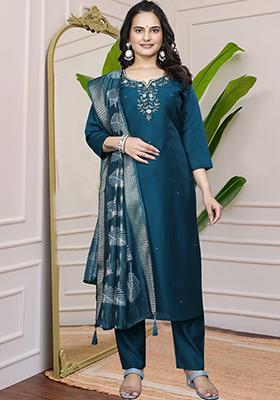 Dark Blue Hand Embroidered Silk Kurta Set