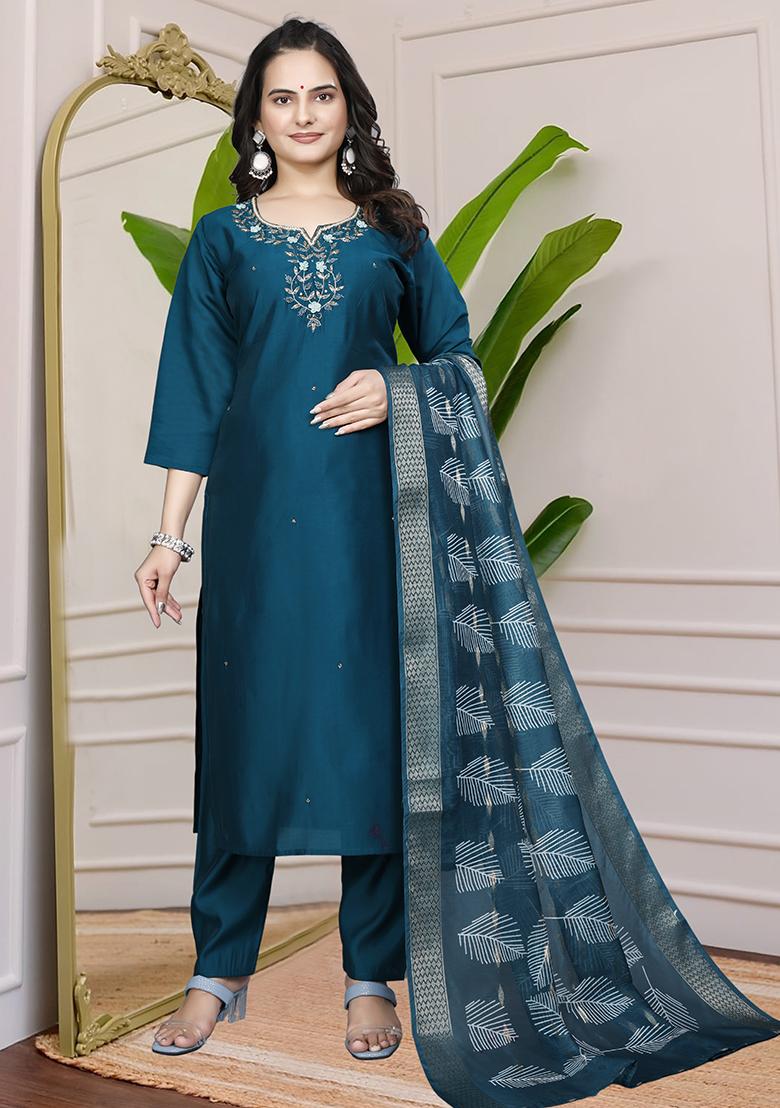 Dark Blue Hand Embroidered Silk Kurta Set