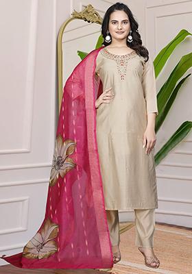 Beige Hand Embroidered Silk Kurta Set