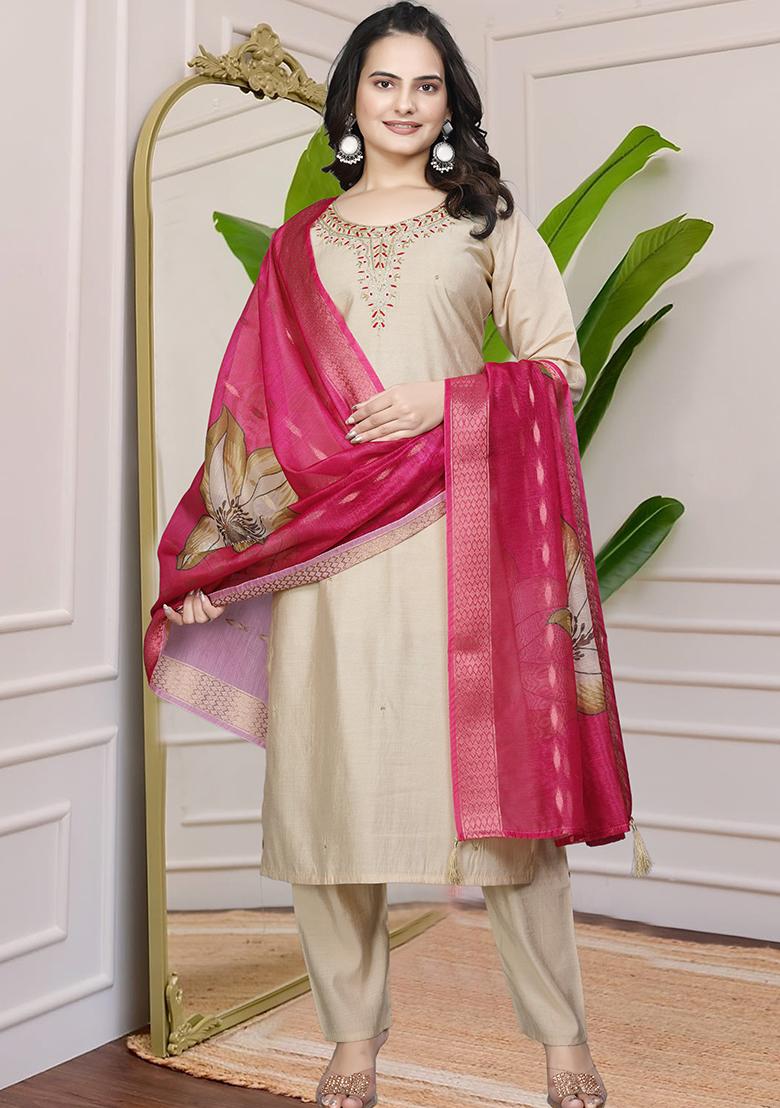 Beige Hand Embroidered Silk Kurta Set