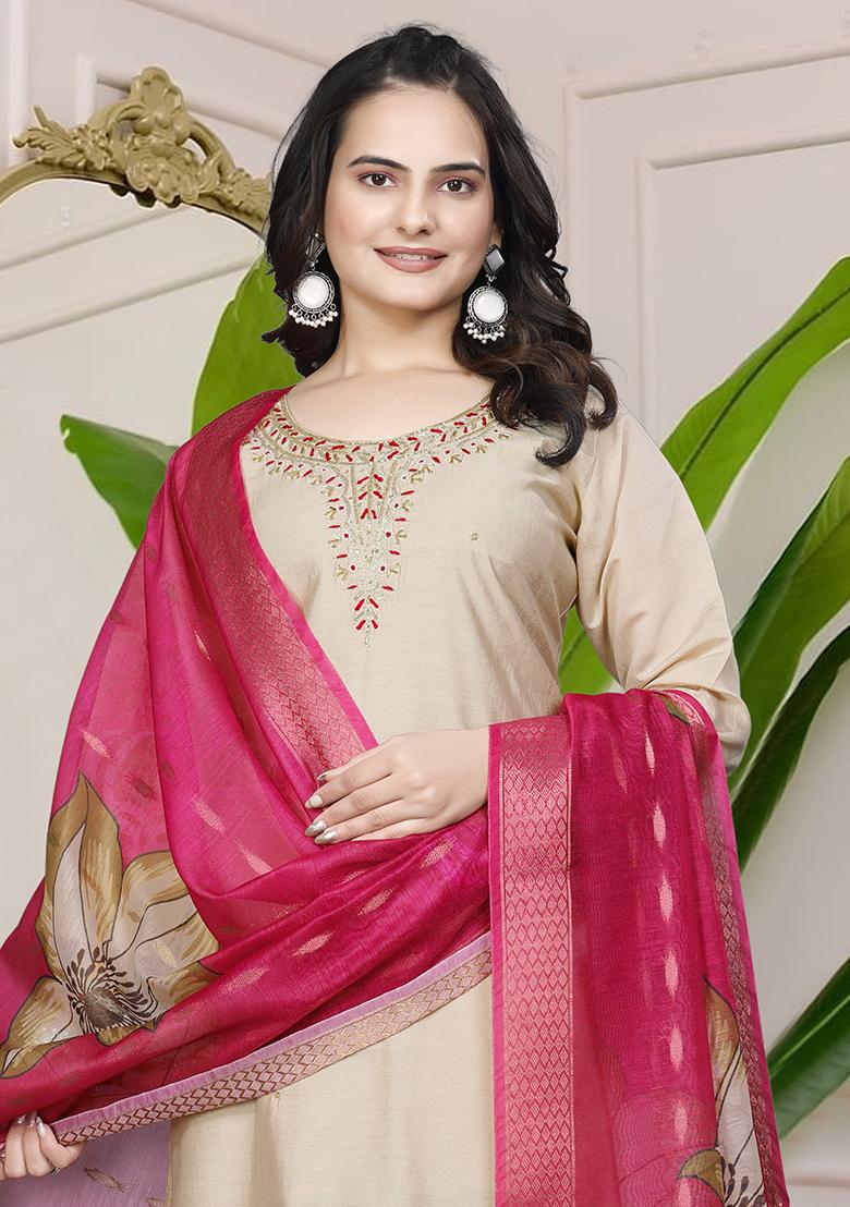 Beige Hand Embroidered Silk Kurta Set