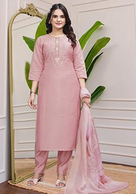 Peach Hand Embroidered Silk Kurta Set