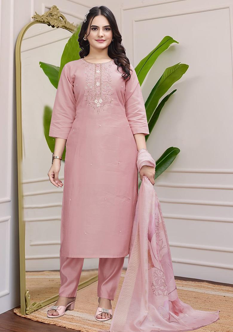 Peach Hand Embroidered Silk Kurta Set