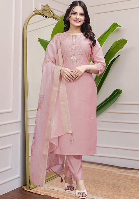 Peach Hand Embroidered Silk Kurta Set