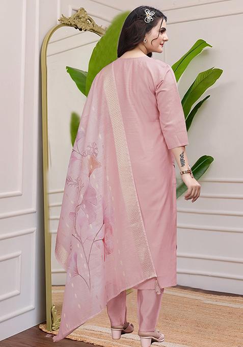 Peach Hand Embroidered Silk Kurta Set