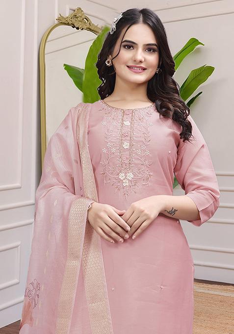 Peach Hand Embroidered Silk Kurta Set