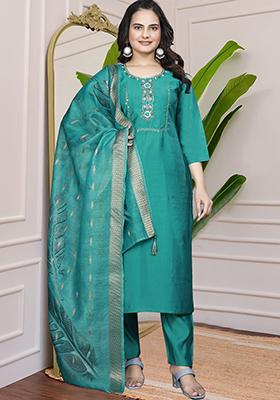 Teal Blue Hand Embroidered Silk Kurta Set