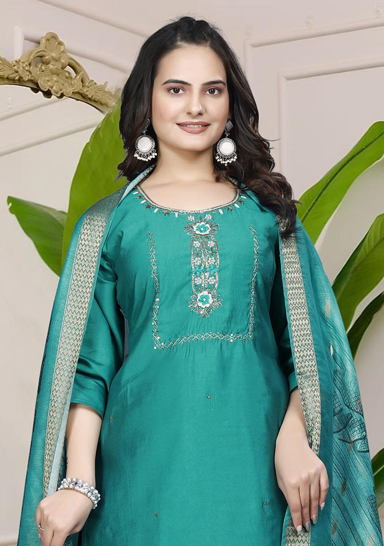 Teal Blue Hand Embroidered Silk Kurta Set