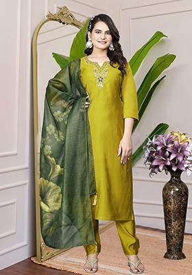 Parrot Green Hand Embroidered Silk Kurta Set