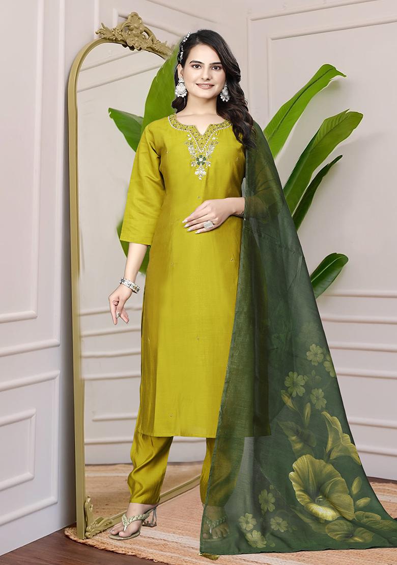 Parrot Green Hand Embroidered Silk Kurta Set