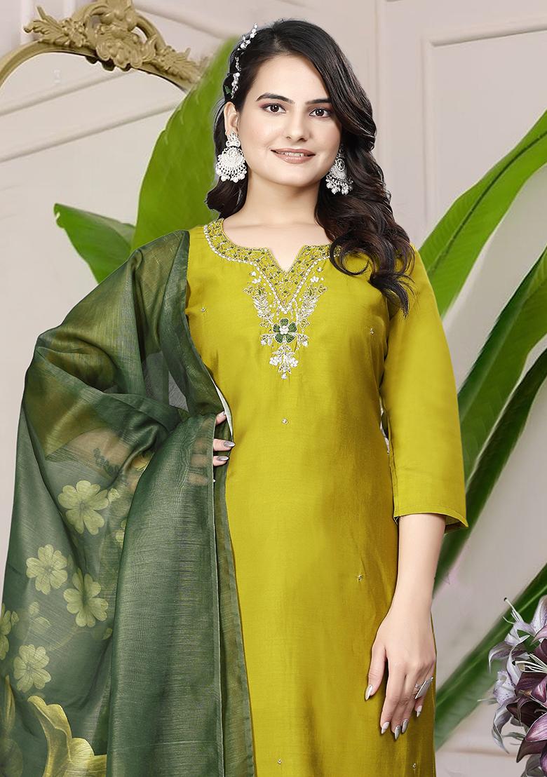 Parrot Green Hand Embroidered Silk Kurta Set