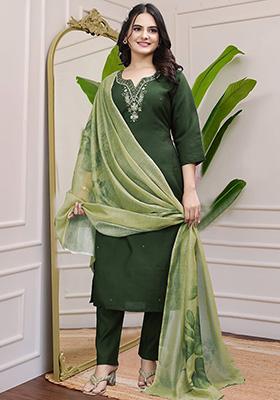 Dark green Hand Embroidered Silk Kurta Set