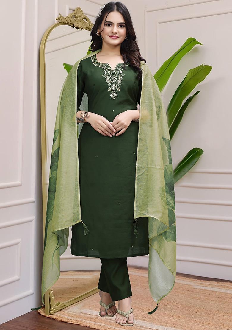 Dark green Hand Embroidered Silk Kurta Set
