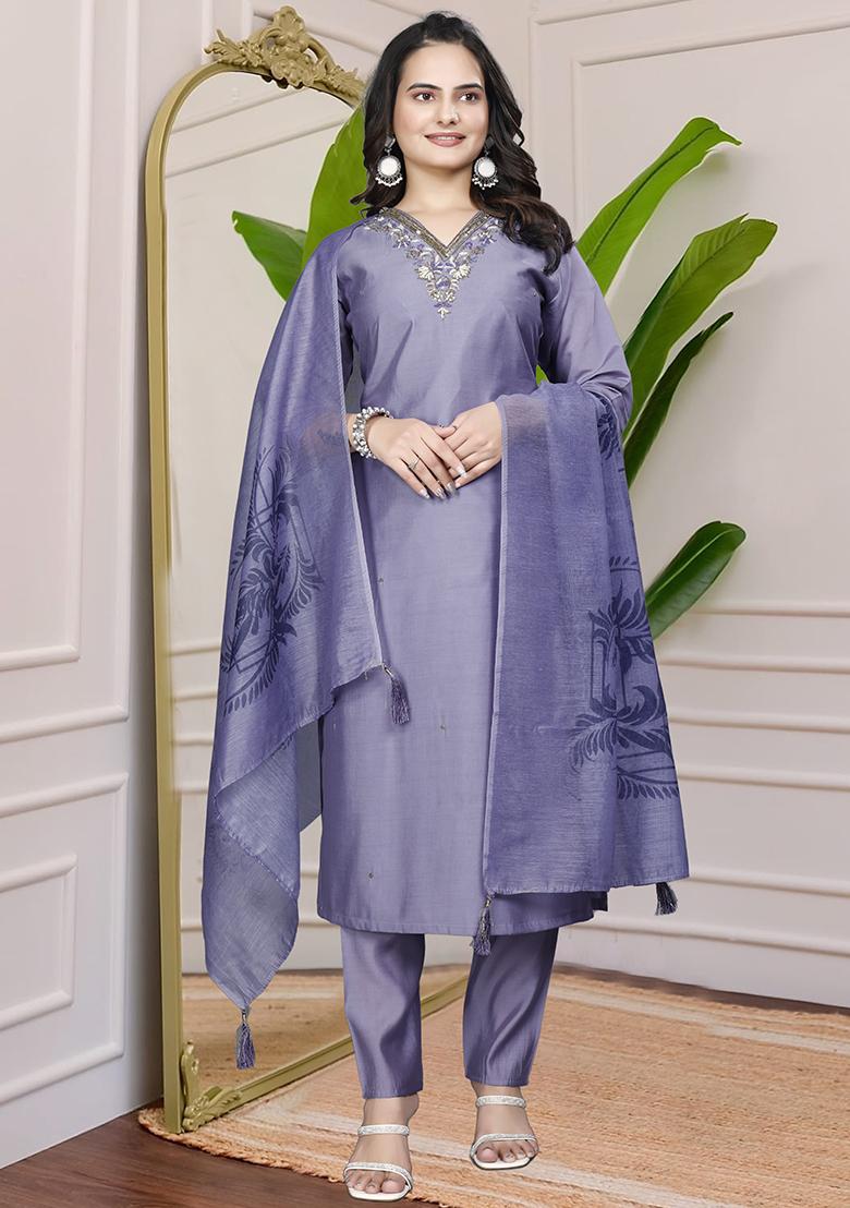 Lavender Hand Embroidered Silk Kurta Set