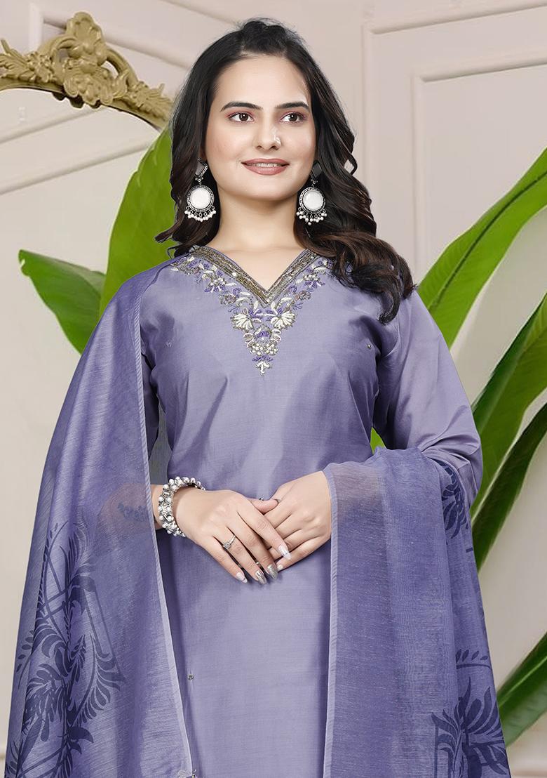 Lavender Hand Embroidered Silk Kurta Set