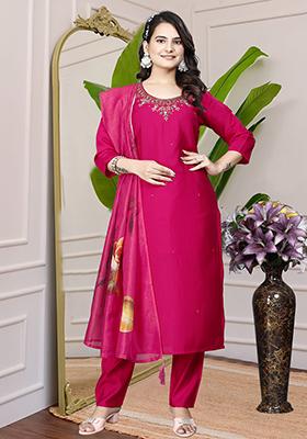 Pink Hand Embroidered Silk Kurta Set