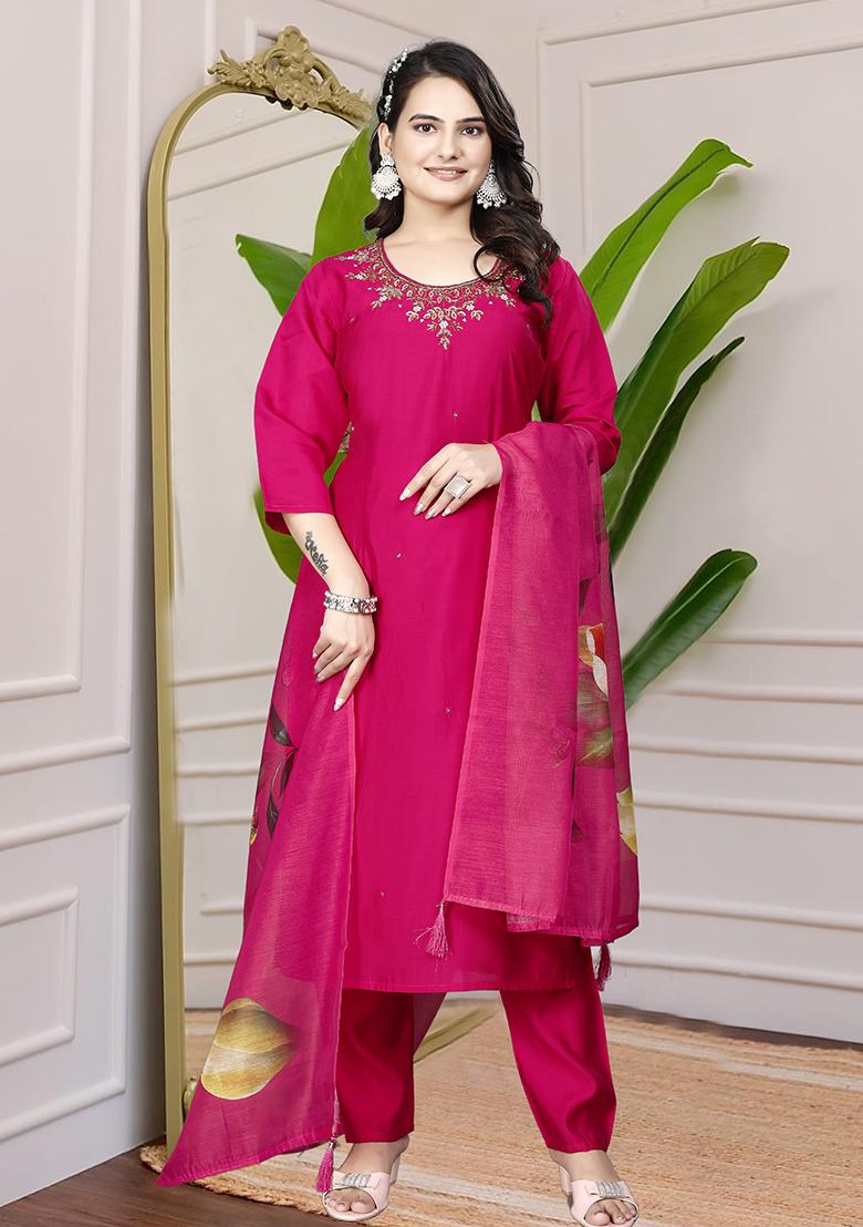 Pink Hand Embroidered Silk Kurta Set