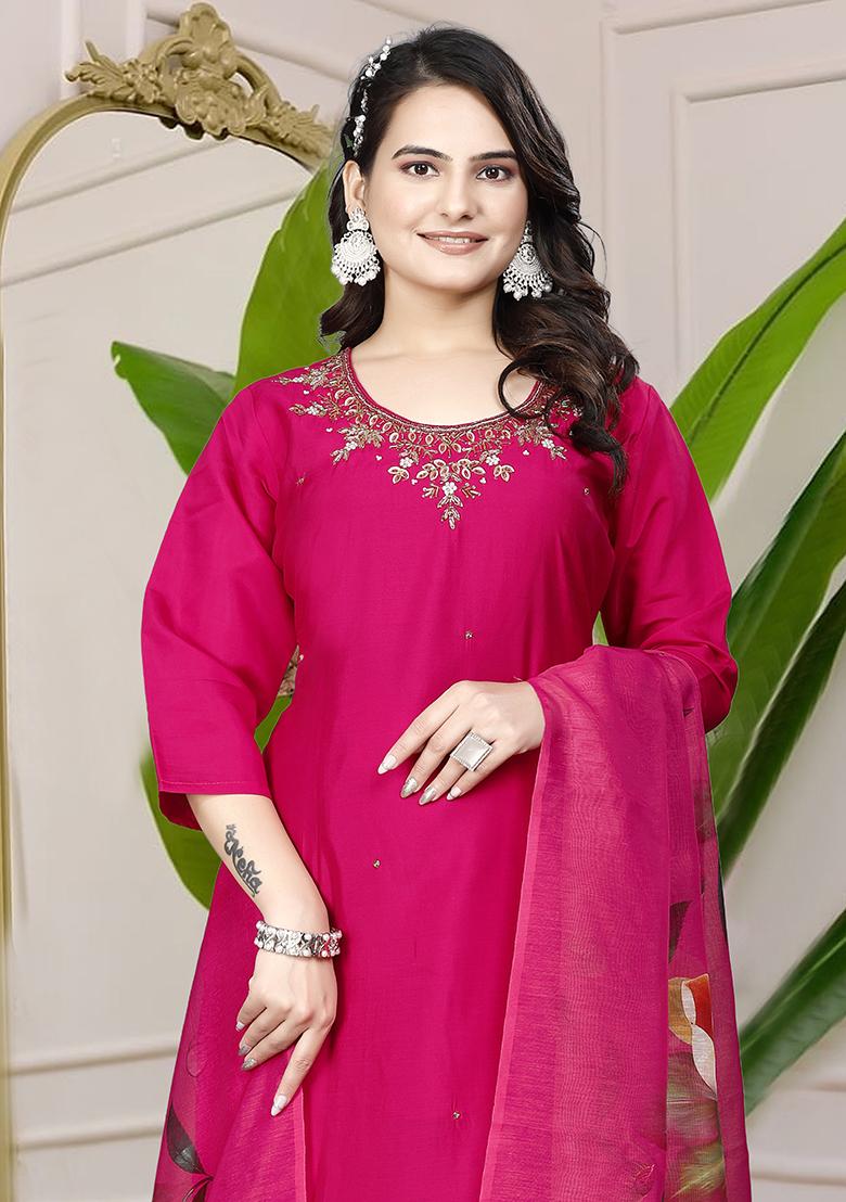 Pink Hand Embroidered Silk Kurta Set