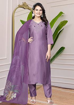 Purple Hand Embroidered Silk Kurta Set