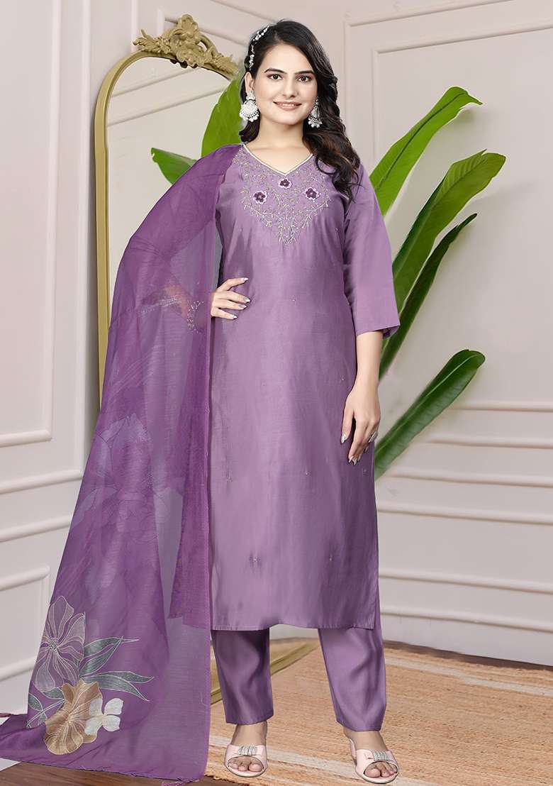 Purple Embroidered Silk Blend Straight Kurta Set - Indya