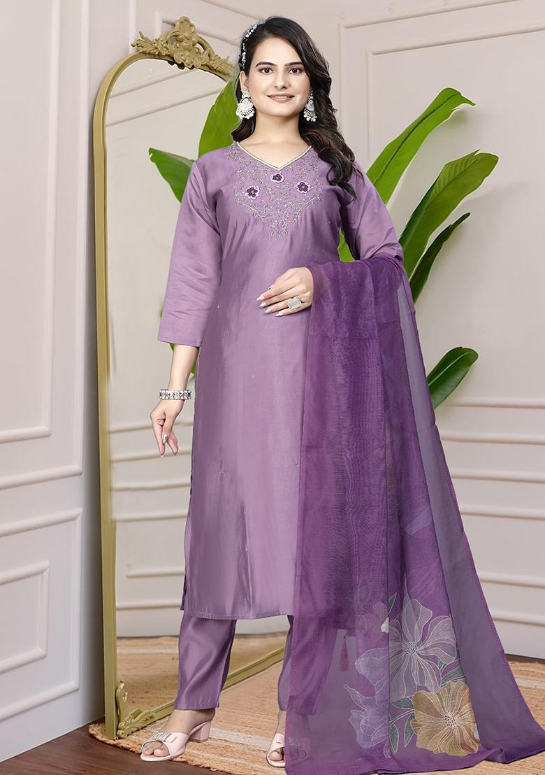 Purple Hand Embroidered Silk Kurta Set