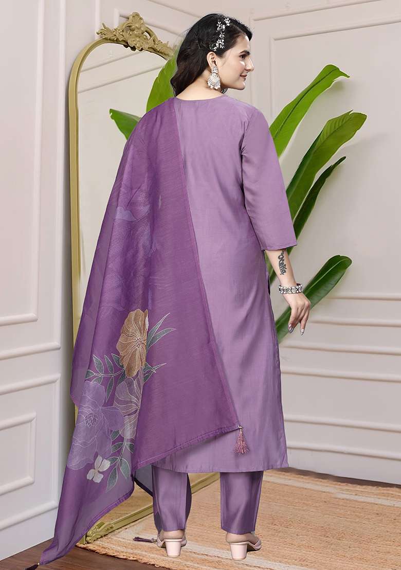 Purple Embroidered Silk Blend Straight Kurta Set - Indya