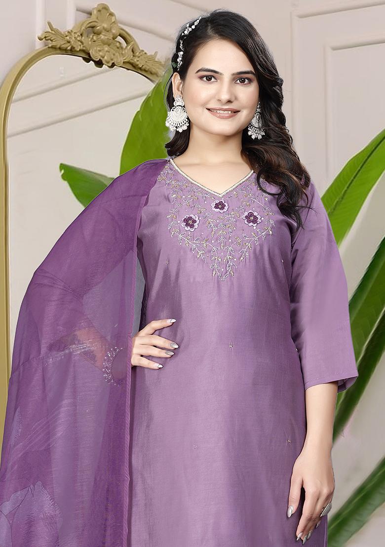 Purple Hand Embroidered Silk Kurta Set