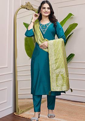Rama Blue Hand Embroidered Silk Kurta Set