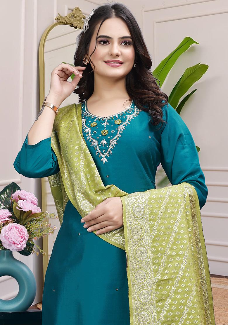 Rama Blue Hand Embroidered Silk Kurta Set