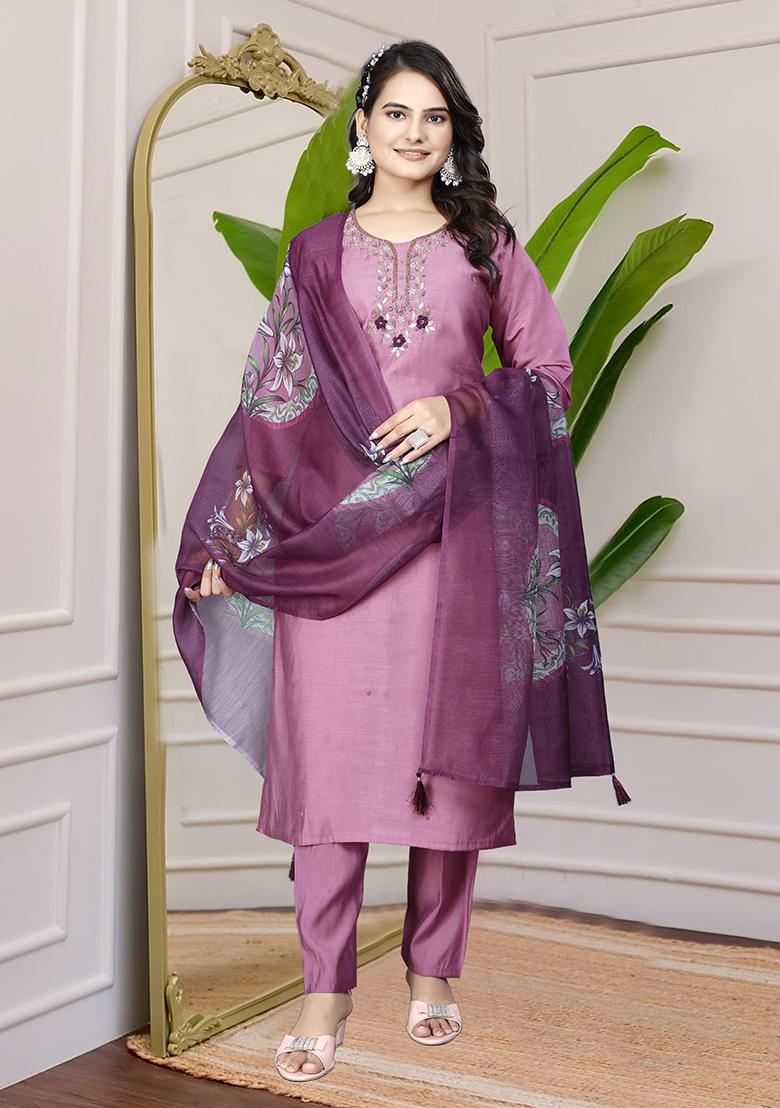 Wine Hand Embroidered Silk Kurta Set