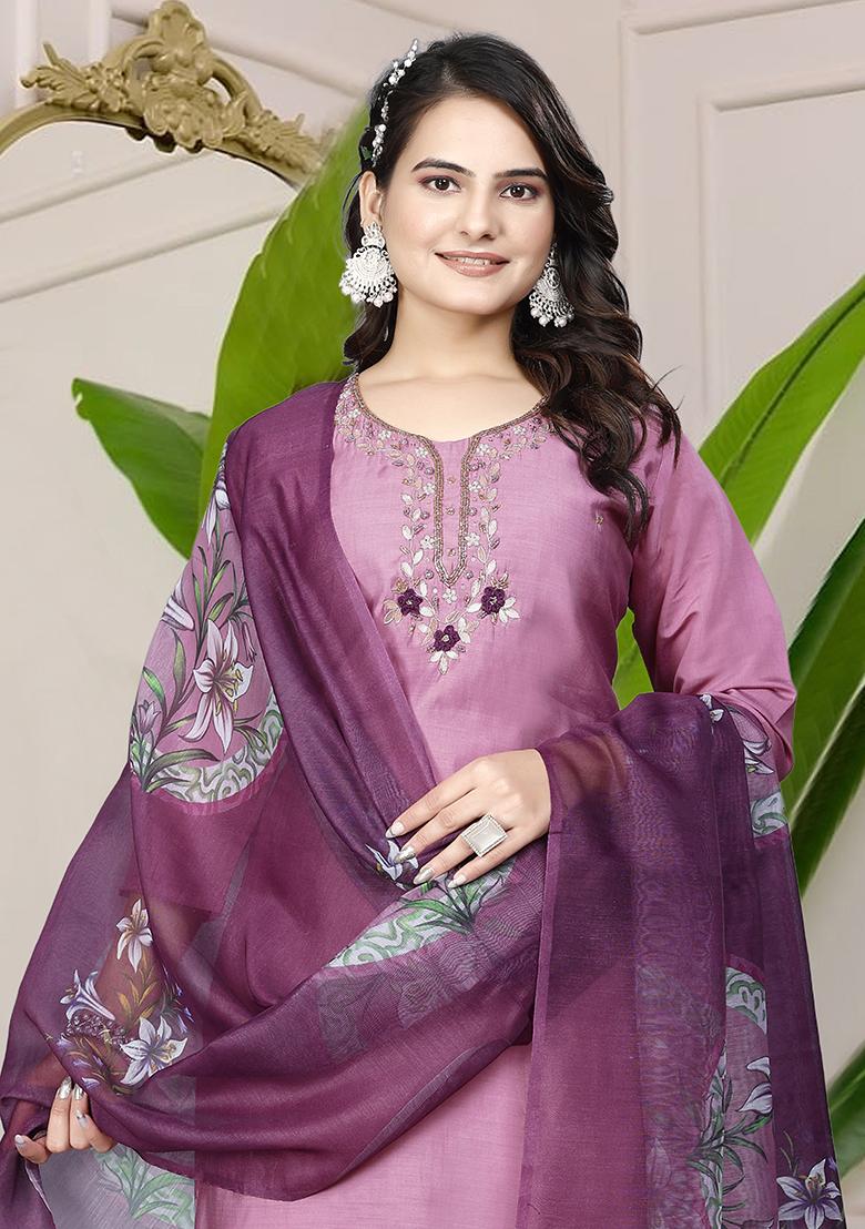 Wine Hand Embroidered Silk Kurta Set