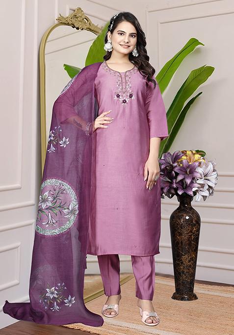 Wine Embroidered Silk Straight Kurta Set