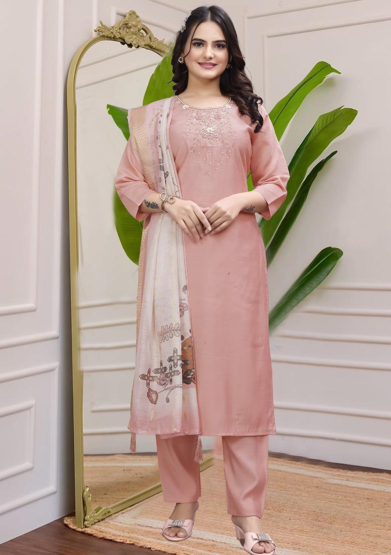 Peach Hand Embroidered Silk Kurta Set