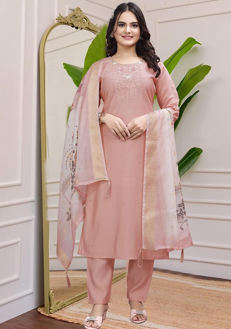 Peach Hand Embroidered Silk Kurta Set