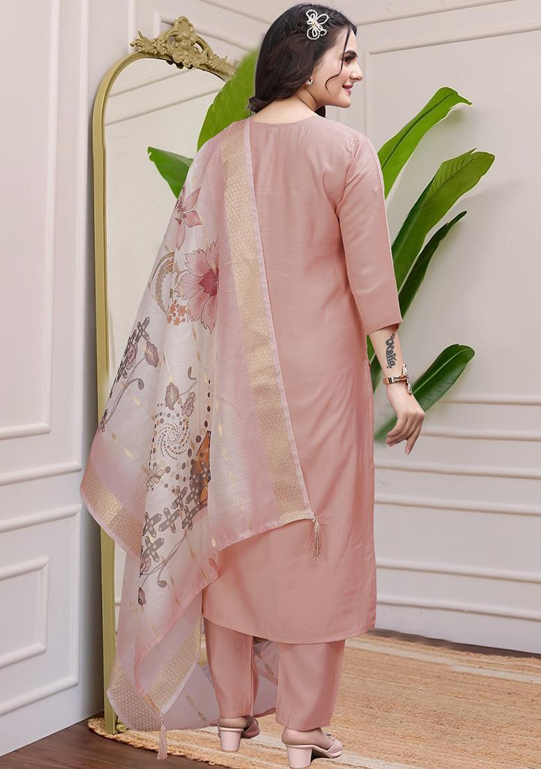 Peach Hand Embroidered Silk Kurta Set