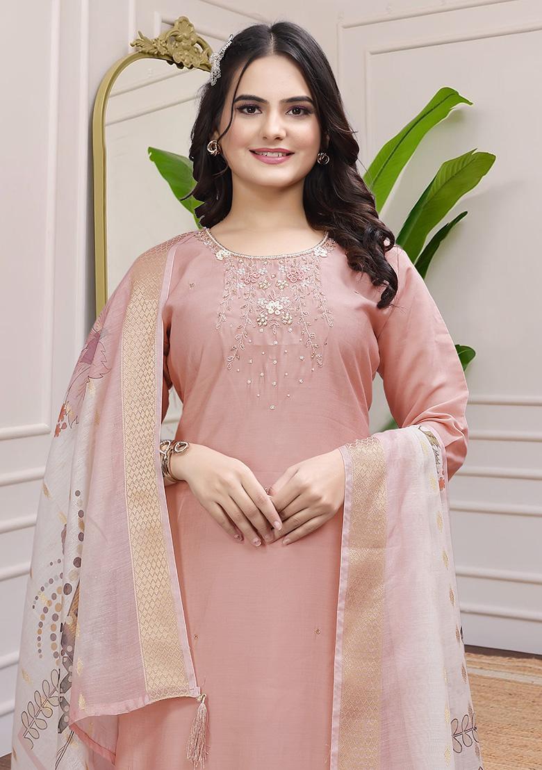 Peach Hand Embroidered Silk Kurta Set