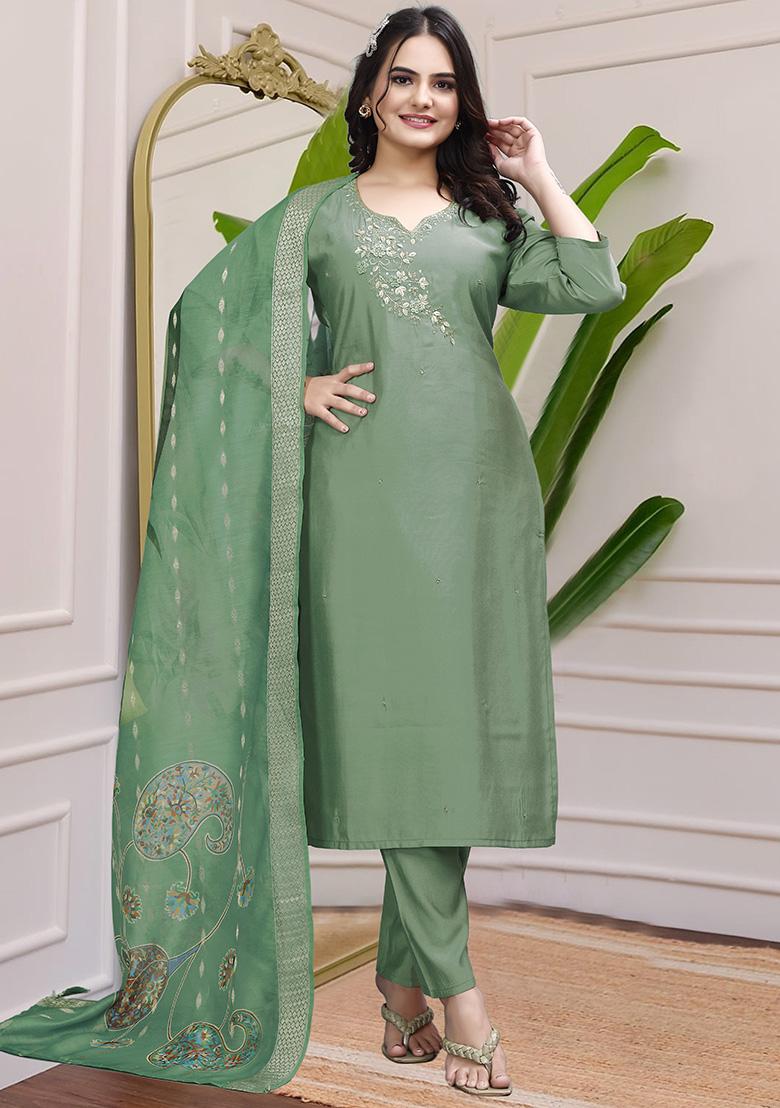 Pista Green Hand Embroidered Silk Kurta Set