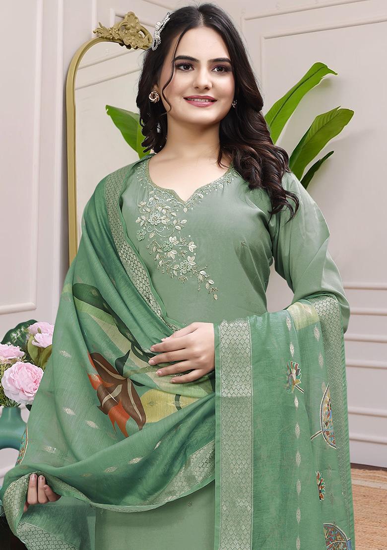 Pista Green Hand Embroidered Silk Kurta Set