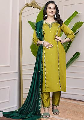 Parrot Green Embroidered Silk Kurta Set