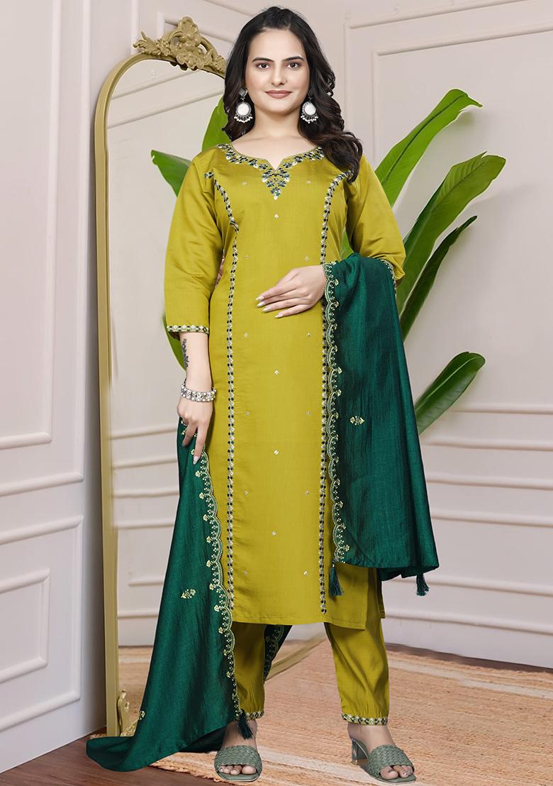 Parrot Green Embroidered Silk Kurta Set