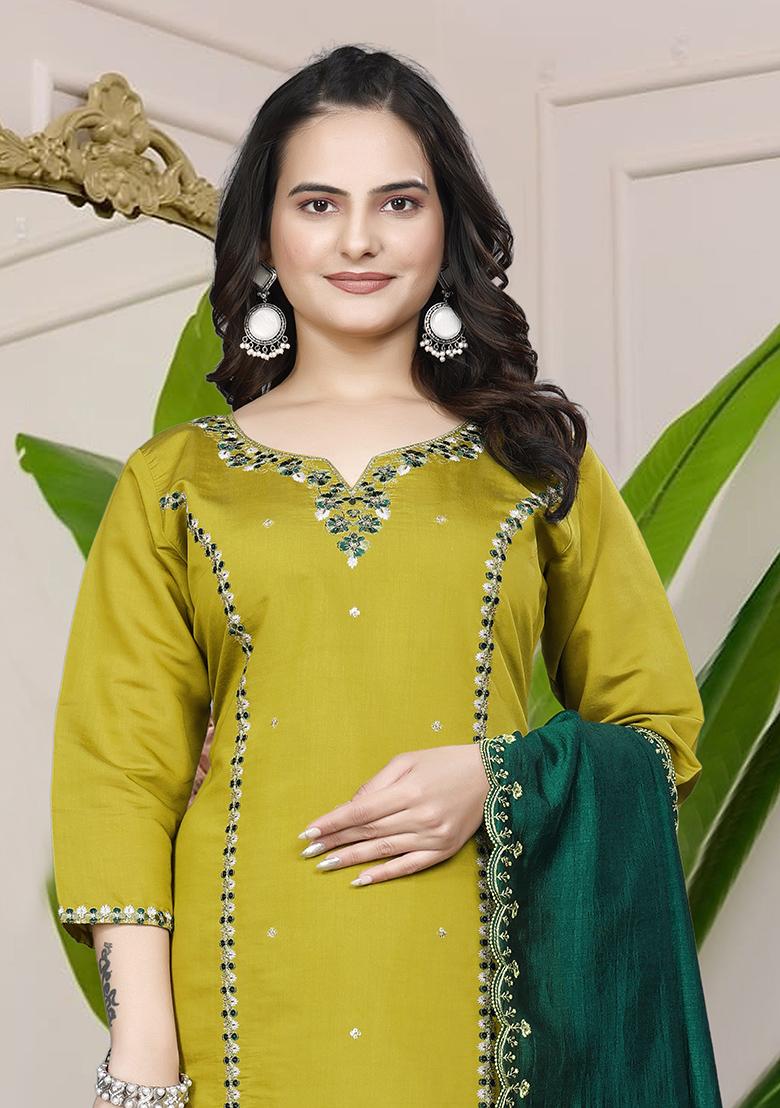 Parrot Green Embroidered Silk Kurta Set