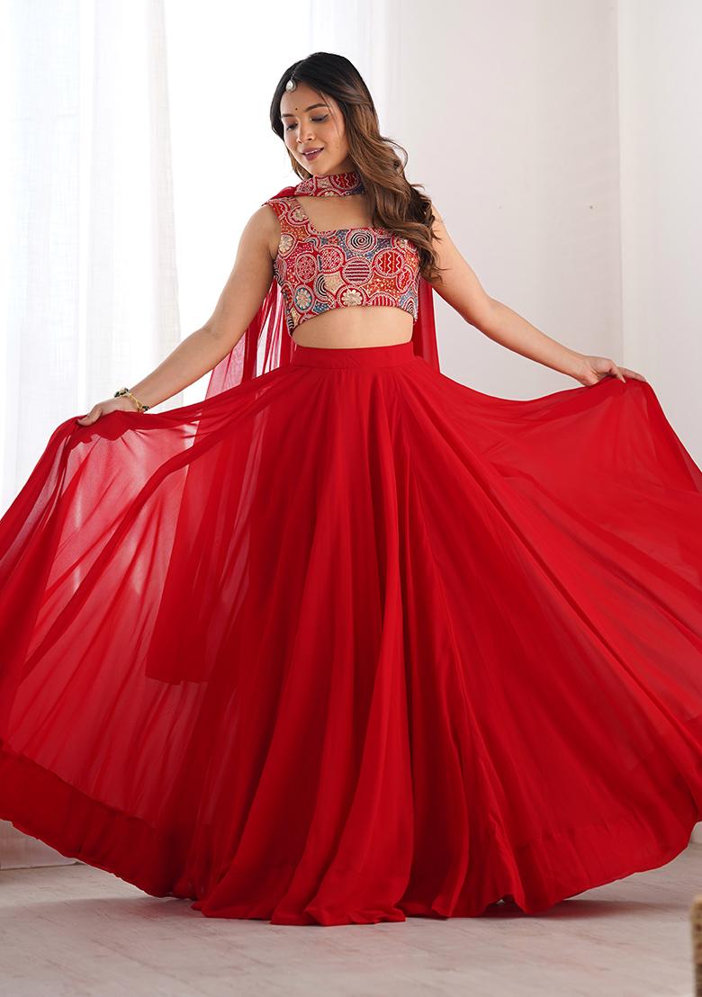 Red Solid Georgette Lehenga Set