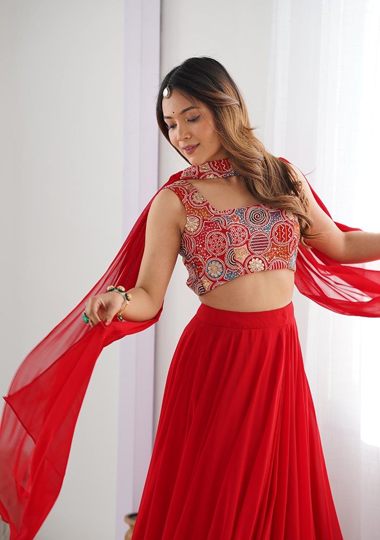 Red Solid Georgette Lehenga Set