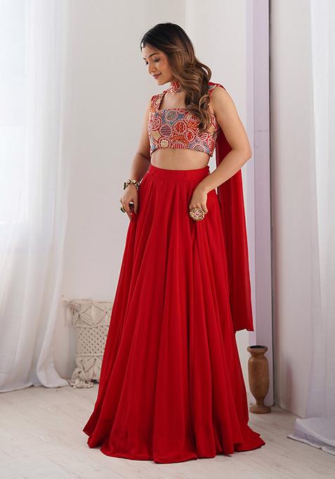 Red Solid Georgette Lehenga Set