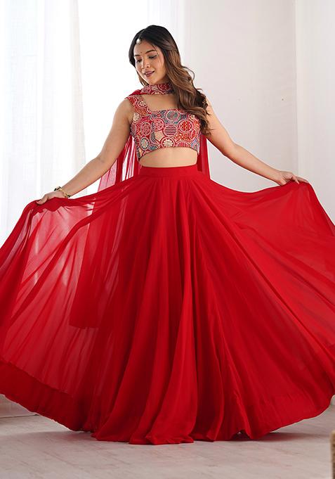 Red Solid Georgette Lehenga Set