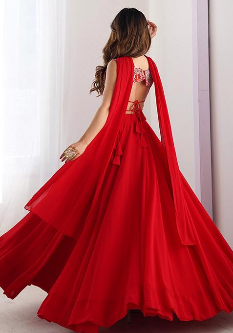 Red Solid Georgette Lehenga Set