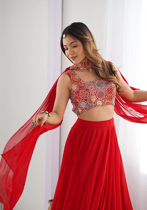 Red Solid Georgette Lehenga Set