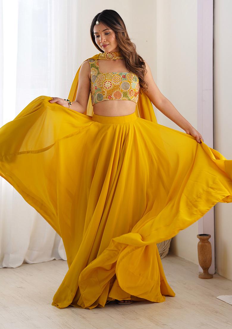 Yellow Solid Georgette Lehenga Set