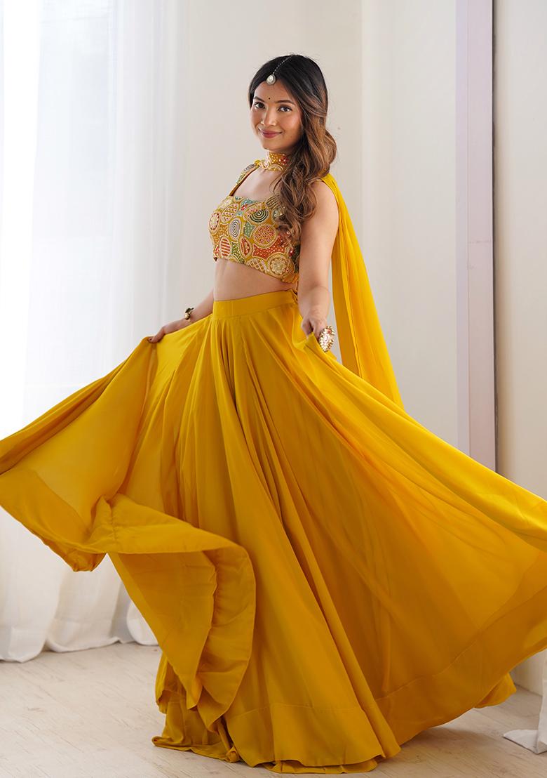 Yellow Solid Georgette Lehenga Set